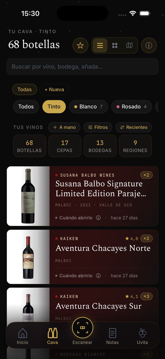 La cava con 68 botellas y filtros